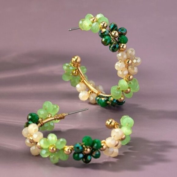 TRINA GREEN BEADED FLOWER HOOP EARRINGS - Picture 1 of 2